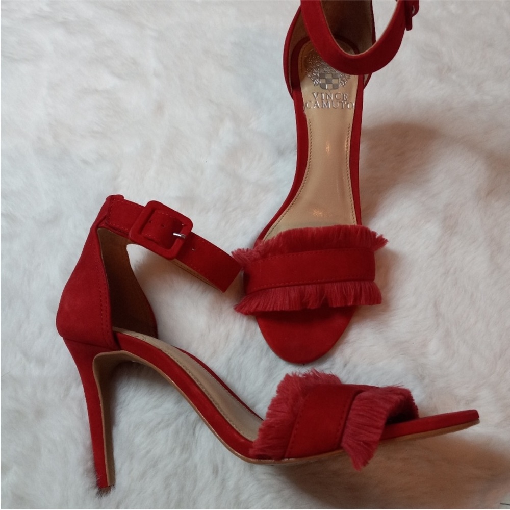 Vince Camuto Red Joshina Fringed Buckle Open Toe High Heels - Picture 10 of 11